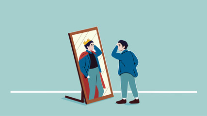 Illustration of a businessman looking in the mirror with the image of himself being a king suitable for describing leadership, confident, know yourself flat design vector illustration © MdHasibulHasan