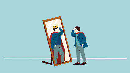 Illustration of a businessman looking in the mirror with the image of himself being a king suitable for describing leadership, confident, know yourself flat design vector illustration