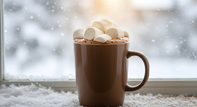 Hot chocolate by window on snowy day