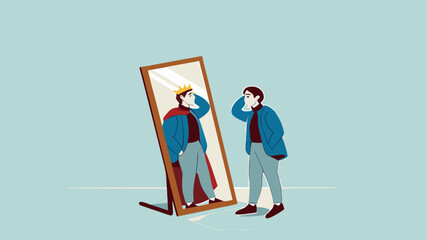 Illustration of a businessman looking in the mirror with the image of himself being a king suitable for describing leadership, confident, know yourself flat design vector illustration