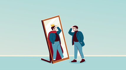 Illustration of a businessman looking in the mirror with the image of himself being a king suitable for describing leadership, confident, know yourself flat design vector illustration