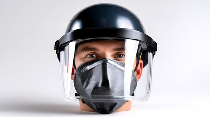 Protective Equipment with Face Shield and Mask on Model for Safety