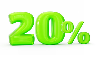 Green jelly digit 20% or Twenty percent isolated on white background. 3d illustration