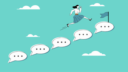 benefit of effective communication in business, communication skills to support career development, effective communication for business growth, businesswoman climbing the ladder of speech bubble