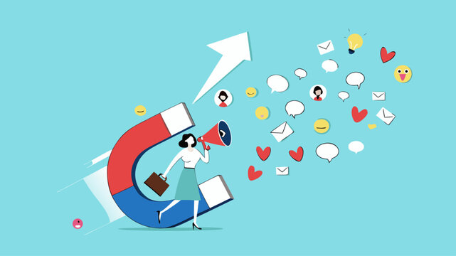 product attractiveness, good product quality to generate positive feedback or repeat orders, promotions with product advantages concept, Businesswoman use megaphones and magnets to attract customers