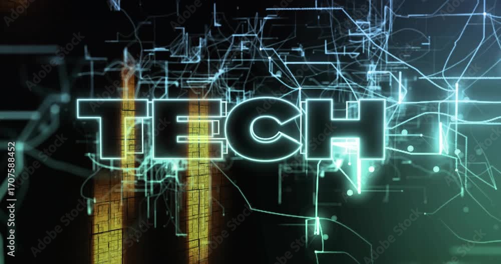 Poster teal lines flickering and converging into tech letters while amber bars sliding, creating tech vibe
