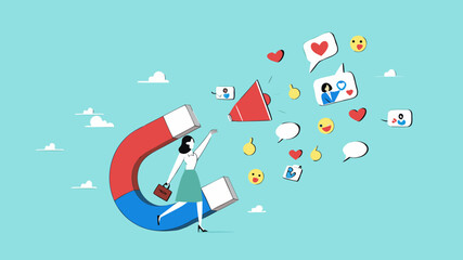 product attractiveness, good product quality to generate positive feedback or repeat orders, promotions with product advantages concept, Businesswoman use megaphones and magnets to attract customers