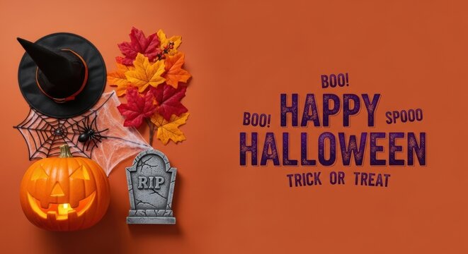 Happy Halloween greeting with spooky jack-o'-lantern, witch hat, and spiderweb on orange background