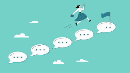 benefit of effective communication in business, communication skills to support career development, effective communication for business growth, businesswoman climbing the ladder of speech bubble
