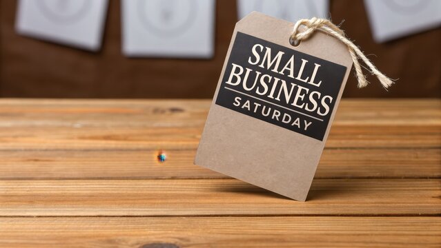 small business black friday Tag promoting Small Business Saturday on a rustic wooden table.