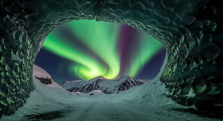 A breathtaking aurora borealis display viewed through an icy cave entrance, showcasing vibrant green and purple hues against a backdrop of snowy mountains and a dark night sky.