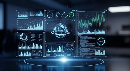 Data Visualization Interface with Globe, Charts, Graphs, and Financial Analytics Insights