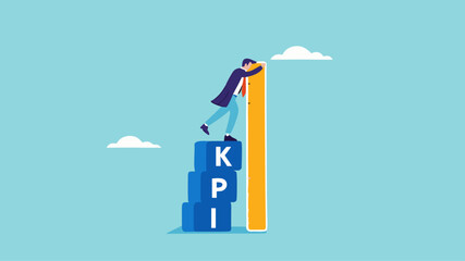 KPI, key performance indicator measurement to evaluate business success illustration with concept of businessman who is measuring a stack of KPI boxes to measure business performance illustration