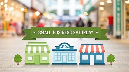 small business black friday Promotional display for Small Business Saturday with illustrated storefronts in a shopping environment.