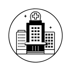 Obraz premium Illustration of a hospital building, featuring a cross symbol on top, in a circle, representing healthcare