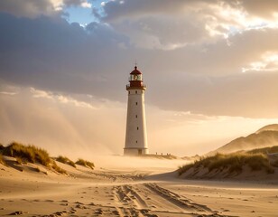 Lighthouse on a sandy beach at sunset