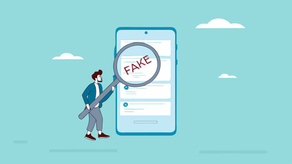 caution illustration with the concept of a businessman examining fraudulent messages using a magnifier, fraudulent messages concept illustration, the lure of fake gifts concept illustration