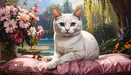 White cat in garden setting