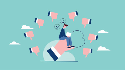poor work performance illustration with the concept of businessman surrounded by people giving thumbs down, cheerful young man is surrounded by hands with thumbs down, negative opinion concept design