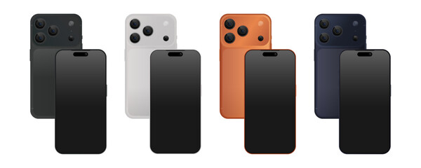 Modern Smartphone Mockup Set, Front and Back – Realistic 3D Mobile Phones with Triple Camera in Black, White, Orange, and Blue Colors Vector Illustration