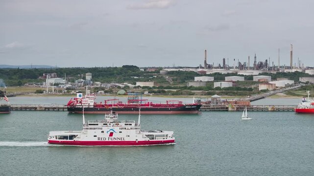 Red Funnel Ferry over refinery Esso Oil Terminal from a drone, Southampton, Hampshire, England, Europe