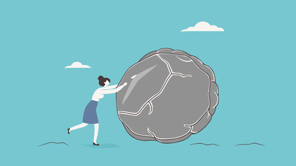 effort to achieve business goals or target, Obstacles and challenge at work, business heavy tasks and problems concept vector illustration, Businesswoman pushing huge stone illustration