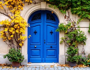 Autumnal facade with blue door