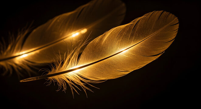 A pair of delicate golden feathers softly glowing with a warm ethereal light, isolated on a stark black background