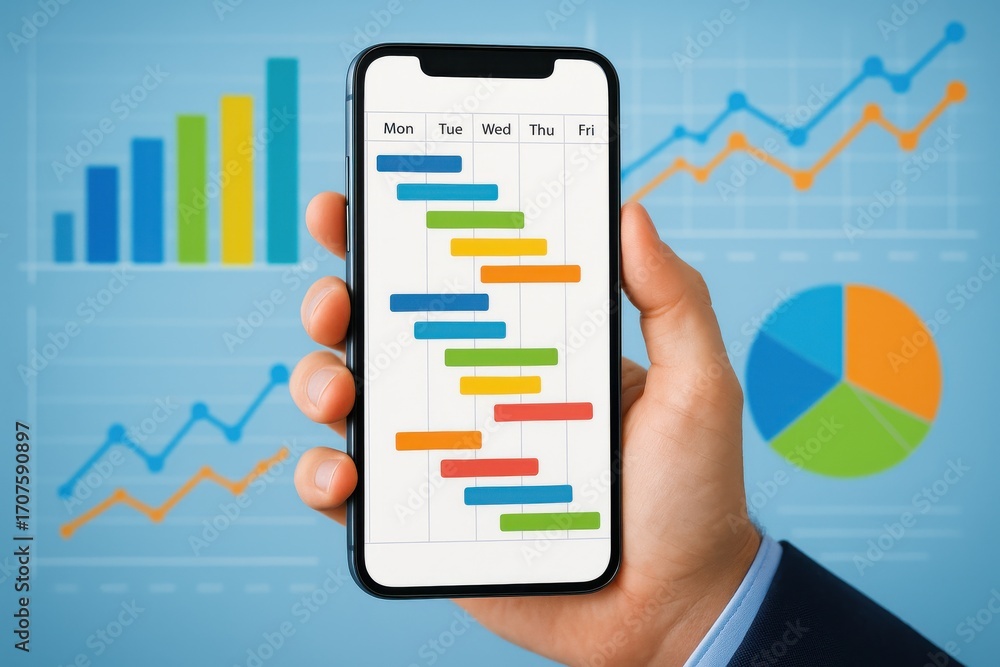 Aufkleber hand holding smartphone displaying project management chart with graphs and data visualizations