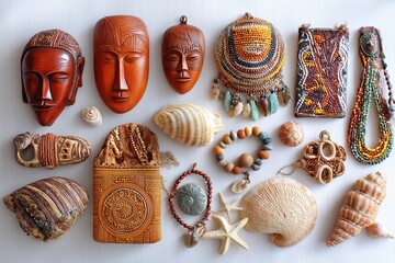 Collection Of Wooden Masks And Seashells On White Background