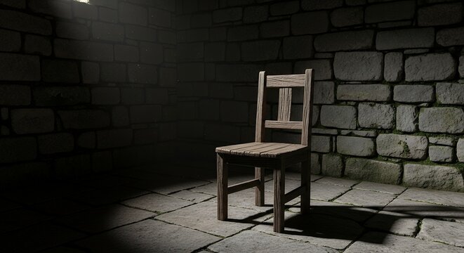 Solitary weathered wooden chair bathed in dramatic light within an aged stone room, evokes themes of solitude and reflection with rustic charm and
