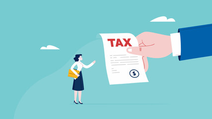 Crypto currency tax burden, businesswoman investor holding bitcoin surprised by government hand issue tax bill concept vector illustration