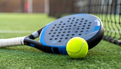 Close-up of a padel tennis racket and a vibrant yellow ball resting on the green artificial grass of a court near the net