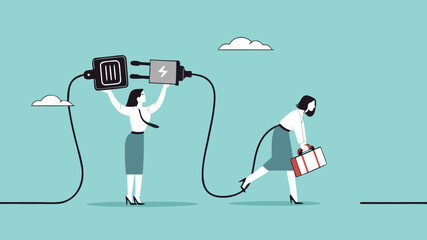 recharge energy or restore enthusiasm for work, refreshing from overwork or tiring activities, woman connects electrical plug to power source to recharge low battery exhausted woman worker