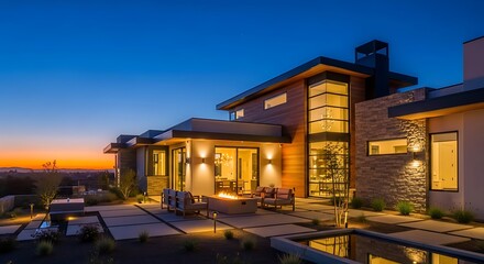 A modern, luxurious home's patio and exterior at twilight, featuring warm lighting and an expansive view.