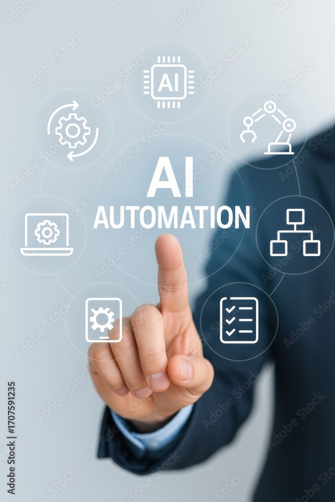 Poster businessman pointing at icons representing artificial intelligence and automation technology