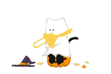 Black Cat Playing the Trombone in a Halloween Costume Illustration