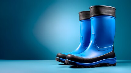 Bright Blue Rubber Boots on a Vibrant Aqua Background
