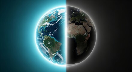 Earth hemisphere day and night concept illustrating contrasting sides of the world globe, reflecting opposing timelines in planetary rotation and