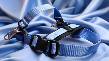Adjustable Blue Dog Harness on Soft Satin Fabric Background
