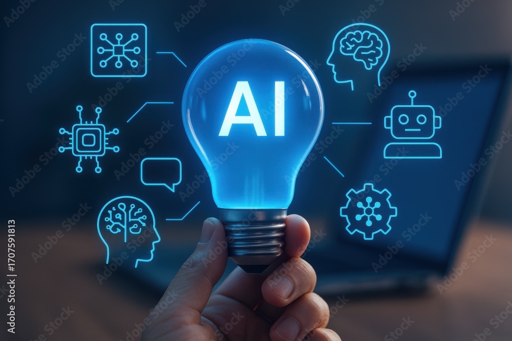 Aufkleber bright lightbulb with ai concept and digital interface representing technology and innovation
