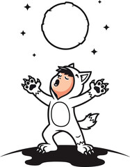 Obraz premium Cute kid howling at the moon in a playful wolf costume under starry sky for halloween fun