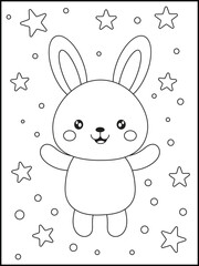Cute Bunny Coloring Page for toddlers. Adorable Cartoon Rabbit with Stars and Simple Background for Kids