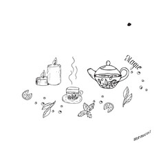 Magic moment hand drawn lettering with teapot, cup of tea, candles and herbal leaves. Cozy doodle vector illustration for tea time, relaxation, hygge and inspirational design.