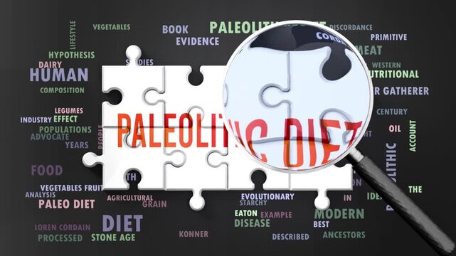 Paleolithic Diet under magnifying glass, being researched, studied and examined. Most important subjects and ideas closely related to paleolithic diet written around a puzzle.Can be looped.