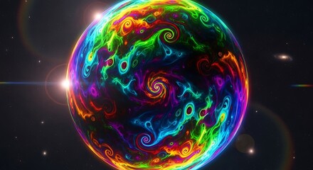 A vibrant, colorful sphere with swirling patterns floats in the cosmos, showcasing a dynamic interplay of rainbow hues against a dark backdrop.