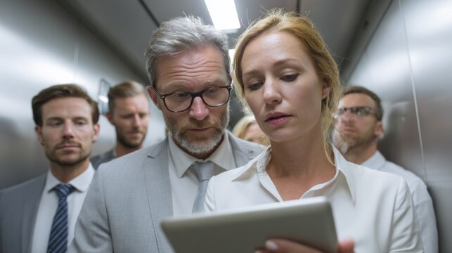 Business professionals reviewing data in a corporate elevator during a busy workday in a modern office building