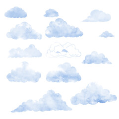 Fluffy and cumulus clouds. Digital watercolor illustration. The set of rain clouds is isolated. on white background. The concept of the sky, mereology, flights, for postcards and printing on textiles