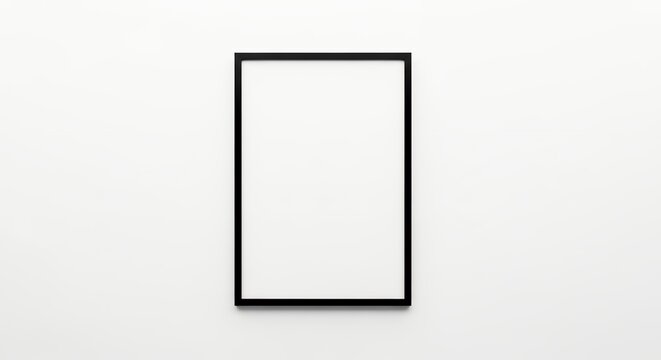 Clean minimalist rectangular black frame hanging on a plain white wall providing versatile mock-up display opportunities in a modern setting
