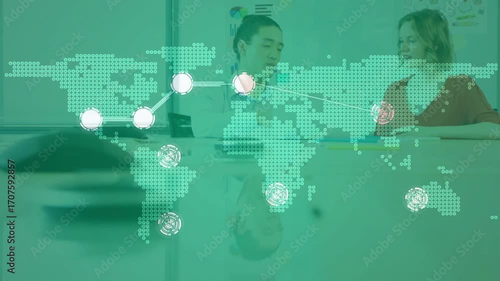 Poster Business colleagues spawning translucent overlay with glowing nodes connecting map collaborating